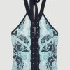 Karen Millen Abstract Jacquard Sleeveless Halter Neck Knit Top -Karen Millen shop blue abstract jacquard sleeveless halter neck knit top