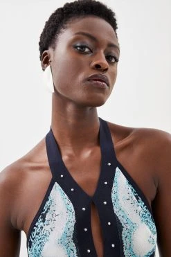 Karen Millen Abstract Jacquard Sleeveless Halter Neck Knit Top -Karen Millen shop blue abstract jacquard sleeveless halter neck knit top 2
