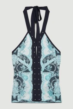Karen Millen Abstract Jacquard Sleeveless Halter Neck Knit Top