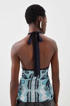 Karen Millen Abstract Jacquard Sleeveless Halter Neck Knit Top -Karen Millen shop blue abstract jacquard sleeveless halter neck knit top 3