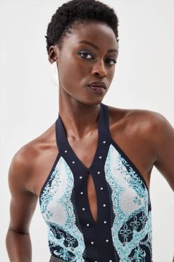 Karen Millen Abstract Jacquard Sleeveless Halter Neck Knit Top -Karen Millen shop blue abstract jacquard sleeveless halter neck knit top 4