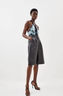 Karen Millen Abstract Jacquard Sleeveless Halter Neck Knit Top -Karen Millen shop blue abstract jacquard sleeveless halter neck knit top 5