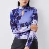 Karen Millen Colour Block Floral Viscose Blend Keyhole Jersey Top -Karen Millen shop blue colour block floral viscose blend keyhole jersey top
