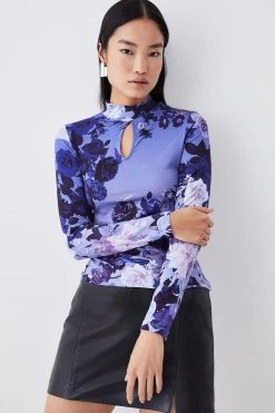 Karen Millen Colour Block Floral Viscose Blend Keyhole Jersey Top