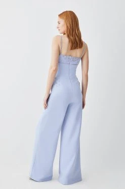Karen Millen Embellished Strappy Wide Leg Woven Jumpsuit -Karen Millen shop blue embellished strappy wide leg woven jumpsuit 1