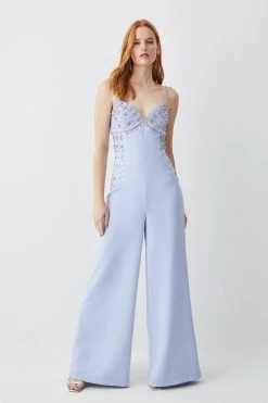 Karen Millen Embellished Strappy Wide Leg Woven Jumpsuit -Karen Millen shop blue embellished strappy wide leg woven jumpsuit 2