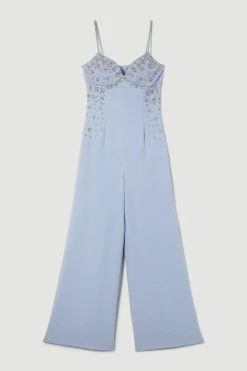 Karen Millen Embellished Strappy Wide Leg Woven Jumpsuit -Karen Millen shop blue embellished strappy wide leg woven jumpsuit 3