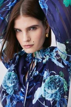 Karen Millen Floral Shirred Detail Woven Maxi Dress -Karen Millen shop blue floral shirred detail woven maxi dress 1