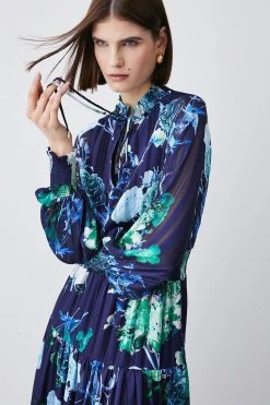 Karen Millen Floral Shirred Detail Woven Maxi Dress -Karen Millen shop blue floral shirred detail woven maxi dress 3
