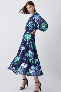 Karen Millen Floral Shirred Detail Woven Maxi Dress -Karen Millen shop blue floral shirred detail woven maxi dress 5