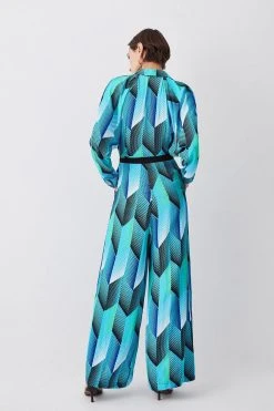 Karen Millen Geo Print Belted Woven Jumpsuit -Karen Millen shop blue geo print belted woven jumpsuit 2