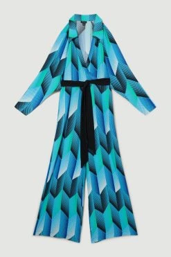 Karen Millen Geo Print Belted Woven Jumpsuit -Karen Millen shop blue geo print belted woven jumpsuit 3