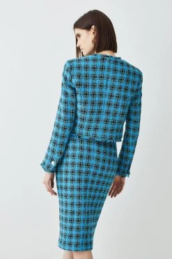 Karen Millen Italian Check Boucle Tailored Pencil Skirt -Karen Millen shop blue italian check boucle tailored pencil skirt 4