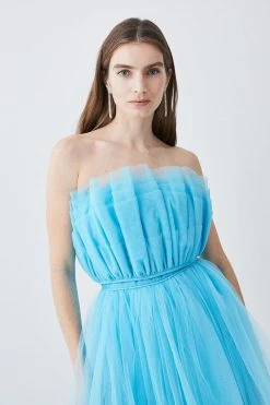 Karen Millen Layered Corset Detail Tulle Woven Bardot Top -Karen Millen shop blue layered corset detail tulle woven bardot top 1