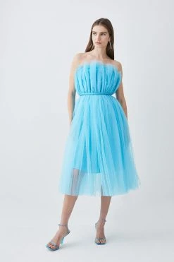 Karen Millen Layered Corset Detail Tulle Woven Bardot Top -Karen Millen shop blue layered corset detail tulle woven bardot top 2