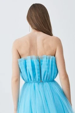 Karen Millen Layered Corset Detail Tulle Woven Bardot Top -Karen Millen shop blue layered corset detail tulle woven bardot top 3