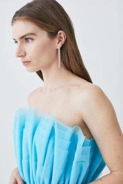 Karen Millen Layered Corset Detail Tulle Woven Bardot Top -Karen Millen shop blue layered corset detail tulle woven bardot top 4