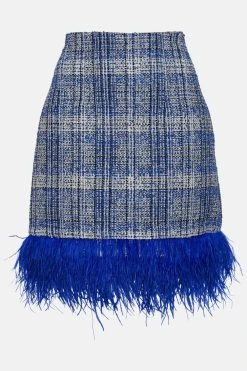 Karen Millen Tweed Feather Hem Mini Skirt 9 Karen Millen Tweed Feather Hem Mini Skirt -Karen Millen shop blue tweed feather hem mini skirt 1 3