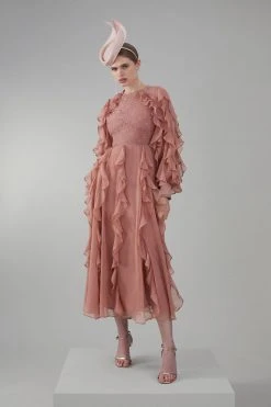 Karen Millen Frill Lace Trim Woven Maxi Dress -Karen Millen shop blush frill lace trim woven maxi dress 3