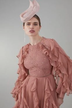 Karen Millen Frill Lace Trim Woven Maxi Dress -Karen Millen shop blush frill lace trim woven maxi dress 4