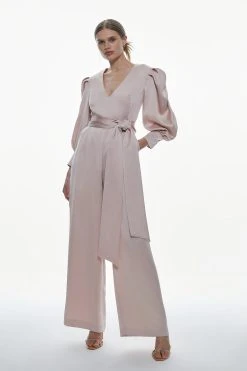 Karen Millen Soft Satin Back Crepe Statement Sleeve Jumpsuit -Karen Millen shop blush soft satin back crepe statement sleeve jumpsuit 4