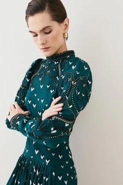 Karen Millen Embroidered Cornelli Tape Woven Dress -Karen Millen shop bottle green embroidered cornelli tape woven dress 3