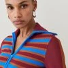 Karen Millen Stripe Knit Zip Through Collared Cardigan -Karen Millen shop burgundy stripe knit zip through collared cardigan