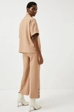 Karen Millen Compact Stretch Relaxed Button Hem Trousers -Karen Millen shop camel compact stretch relaxed button hem trousers 1