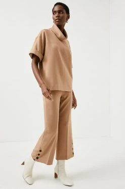 Karen Millen Compact Stretch Relaxed Button Hem Trousers -Karen Millen shop camel compact stretch relaxed button hem trousers 3