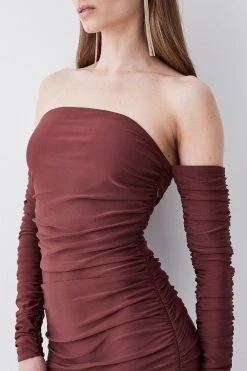 Karen Millen Gathered Slinky Bardot Maxi Dress -Karen Millen shop chocolate gathered slinky bardot maxi dress 1