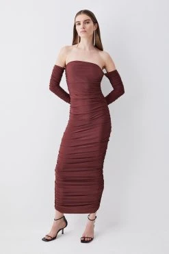Karen Millen Gathered Slinky Bardot Maxi Dress -Karen Millen shop chocolate gathered slinky bardot maxi dress 4