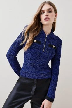 Karen Millen Collared Tweed Knit Jumper -Karen Millen shop cobalt collared tweed knit jumper 4