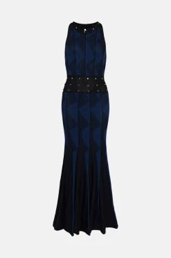 Karen Millen Contrast Jacquard Stud Detail Knit Maxi Dress -Karen Millen shop cobalt contrast jacquard stud detail knit maxi dress 2