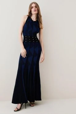 Karen Millen Contrast Jacquard Stud Detail Knit Maxi Dress -Karen Millen shop cobalt contrast jacquard stud detail knit maxi dress 3