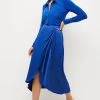 Karen Millen Satin Back Crepe Wrap Midi Skirt -Karen Millen shop cobalt satin back crepe wrap midi skirt
