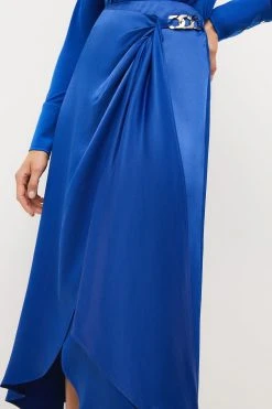 Karen Millen Satin Back Crepe Wrap Midi Skirt -Karen Millen shop cobalt satin back crepe wrap midi skirt 1 1