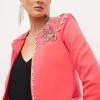 Karen Millen Crystal Embellished Cady Woven Jacket -Karen Millen shop coral crystal embellished cady woven jacket