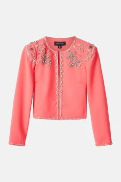 Karen Millen Crystal Embellished Cady Woven Jacket -Karen Millen shop coral crystal embellished cady woven jacket 2