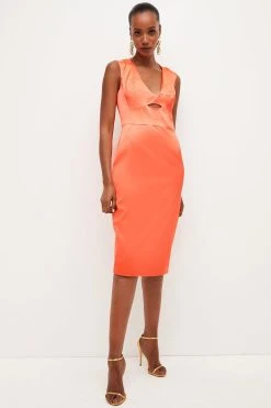 Karen Millen Italian Satin Structured Pencil Midi Dress -Karen Millen shop coral italian satin structured pencil midi dress 2