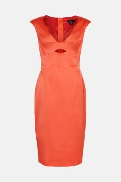 Karen Millen Italian Satin Structured Pencil Midi Dress -Karen Millen shop coral italian satin structured pencil midi dress 3