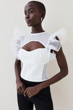 Karen Millen Bandage Cut Out Organza Frill Detail Top -Karen Millen shop cream bandage cut out organza frill detail top 2