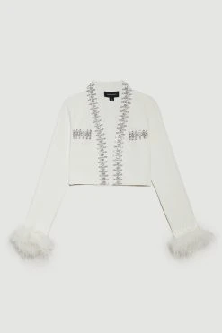 Karen Millen shop -Karen Millen shop cream embellished bandage jacket with feather cuff 6