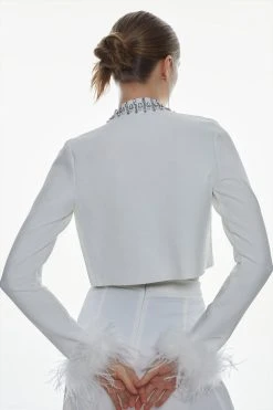 Karen Millen Embellished Bandage Jacket With Feather Cuff -Karen Millen shop cream embellished bandage jacket with feather cuff 8