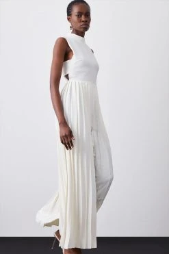 Karen Millen High Neck Tie Waisted Full Pleated Jumpsuit -Karen Millen shop cream high neck tie waisted full pleated jumpsuit 2