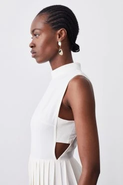 Karen Millen High Neck Tie Waisted Full Pleated Jumpsuit -Karen Millen shop cream high neck tie waisted full pleated jumpsuit 3