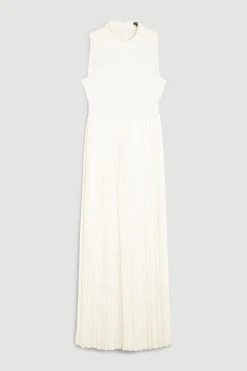 Karen Millen High Neck Tie Waisted Full Pleated Jumpsuit -Karen Millen shop cream high neck tie waisted full pleated jumpsuit 4
