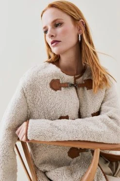Karen Millen Merino Shearling & Leather Tab Detail Coat -Karen Millen shop cream merino shearling leather tab detail coat 1