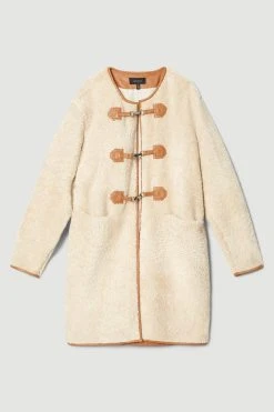 Karen Millen Merino Shearling & Leather Tab Detail Coat -Karen Millen shop cream merino shearling leather tab detail coat 2