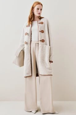 Karen Millen Merino Shearling & Leather Tab Detail Coat -Karen Millen shop cream merino shearling leather tab detail coat 3