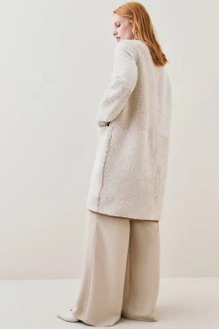 Karen Millen Merino Shearling & Leather Tab Detail Coat -Karen Millen shop cream merino shearling leather tab detail coat 4